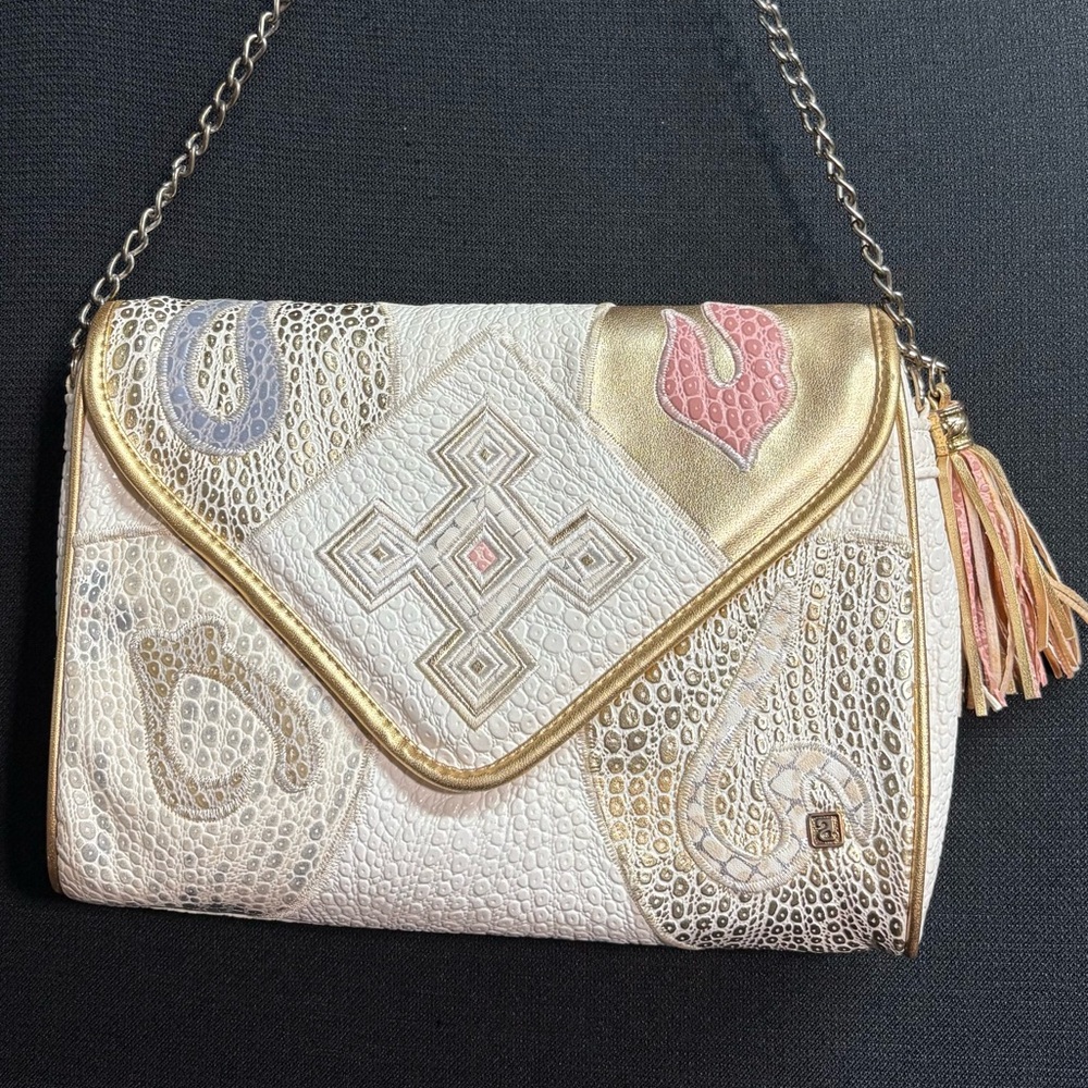 Vintage 80s NAS BAG Embroidered Faux Leather Croc Chain Shoulder Purse w/ Tassel
